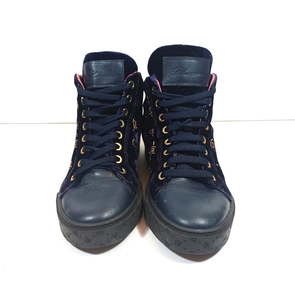 Blumarine Italy Women Navy Velvet High Top Sneakers Gold Rhinestone Stud Pink 38